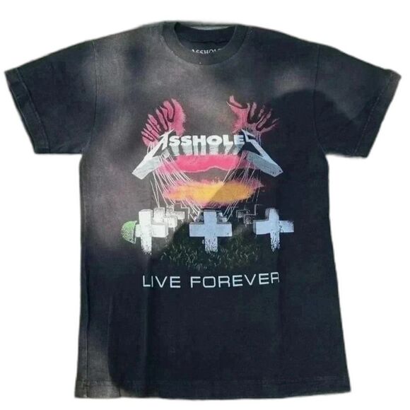 Assholes Live Forever Black Heavy Metal Cemetery T-Shirt - Picture 1 of 2